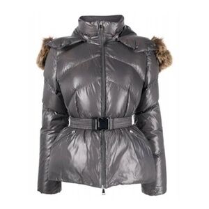 MONCLER Women Laitue Patch Fur Removable Hood Short Padded Gray Size 2 LIKE NEW